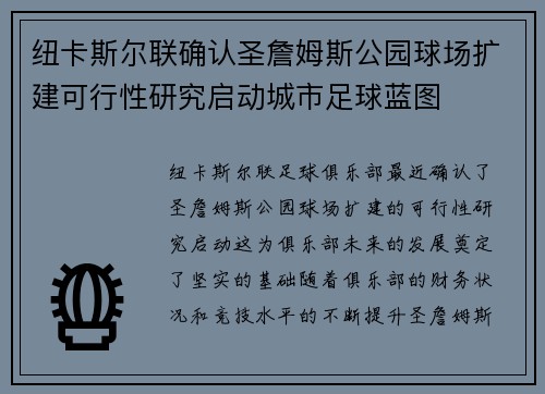 纽卡斯尔联确认圣詹姆斯公园球场扩建可行性研究启动城市足球蓝图